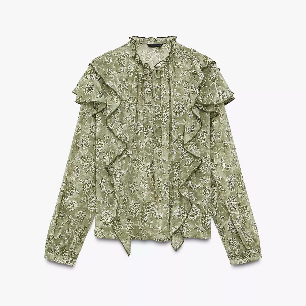 Zara Olive Floral Ruffle Blouse